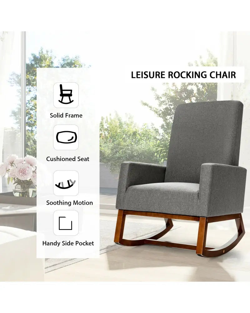 Rocking High Back Upholstered Lounge Armchair with Side Pocket-Gray - Gray - Accent Chairs