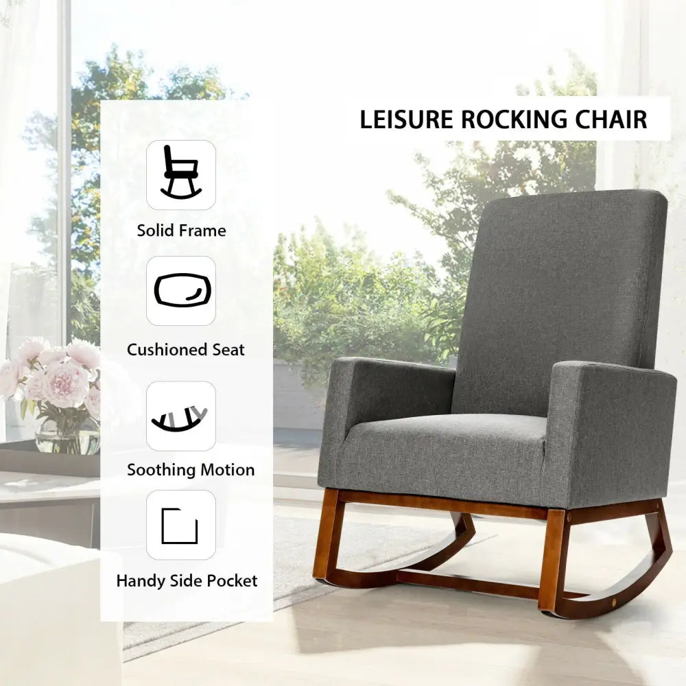 Rocking High Back Upholstered Lounge Armchair with Side Pocket-Gray - Gray - Accent Chairs