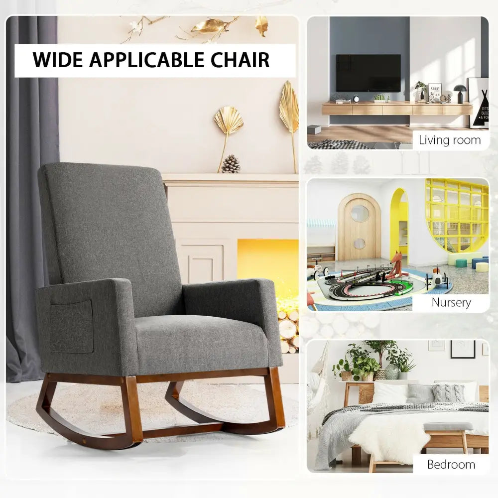 Rocking High Back Upholstered Lounge Armchair with Side Pocket-Gray - Gray - Accent Chairs