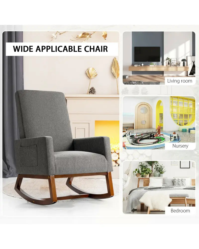 Rocking High Back Upholstered Lounge Armchair with Side Pocket-Gray - Gray - Accent Chairs