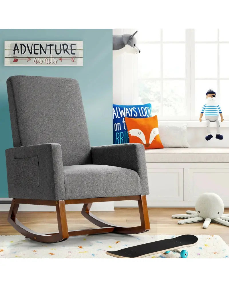 Rocking High Back Upholstered Lounge Armchair with Side Pocket-Gray - Gray - Accent Chairs