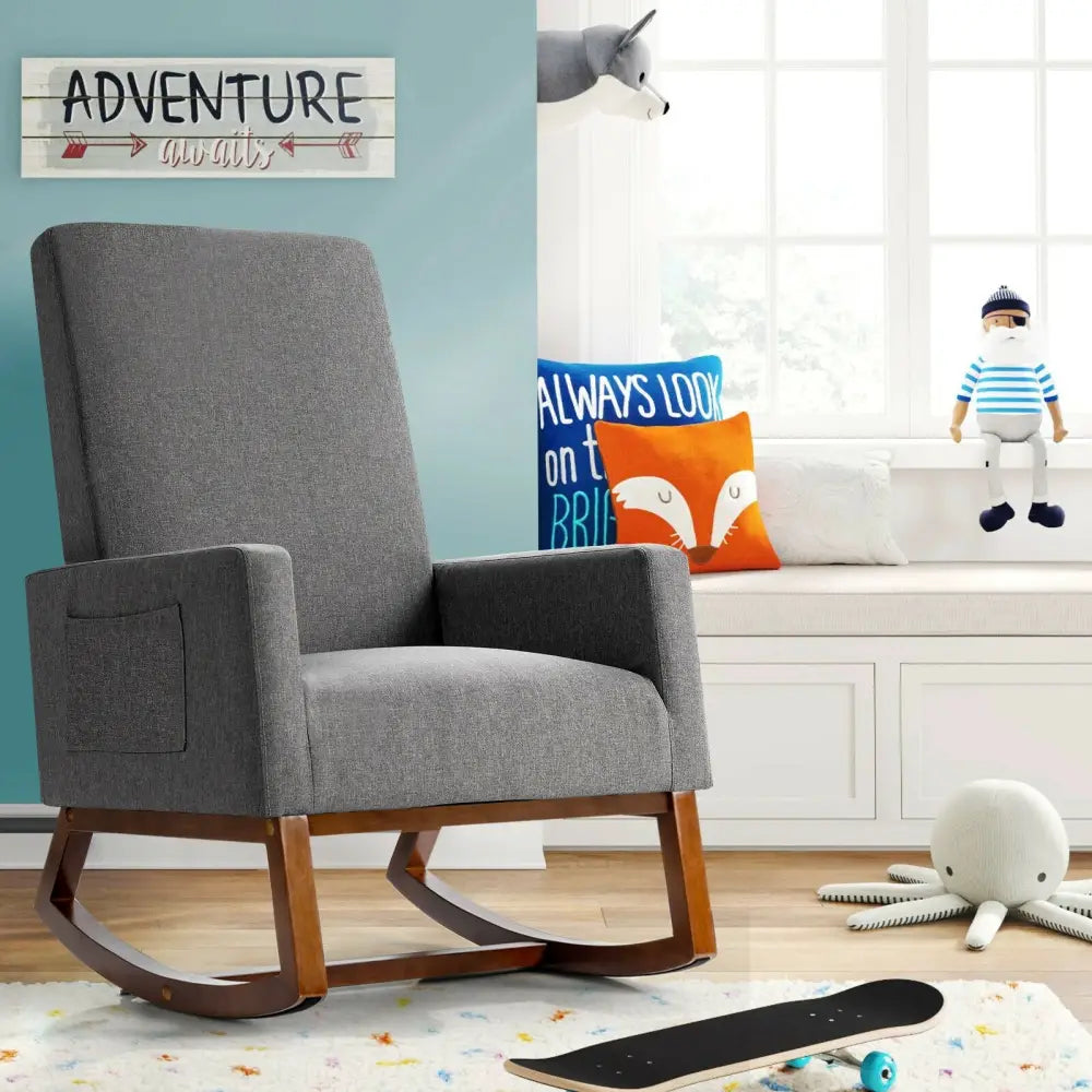 Rocking High Back Upholstered Lounge Armchair with Side Pocket-Gray - Gray - Accent Chairs