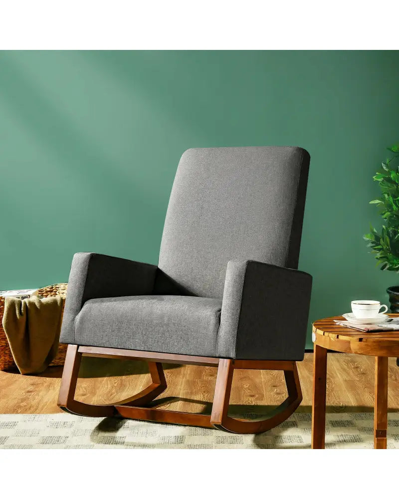 Rocking High Back Upholstered Lounge Armchair with Side Pocket-Gray - Gray - Accent Chairs