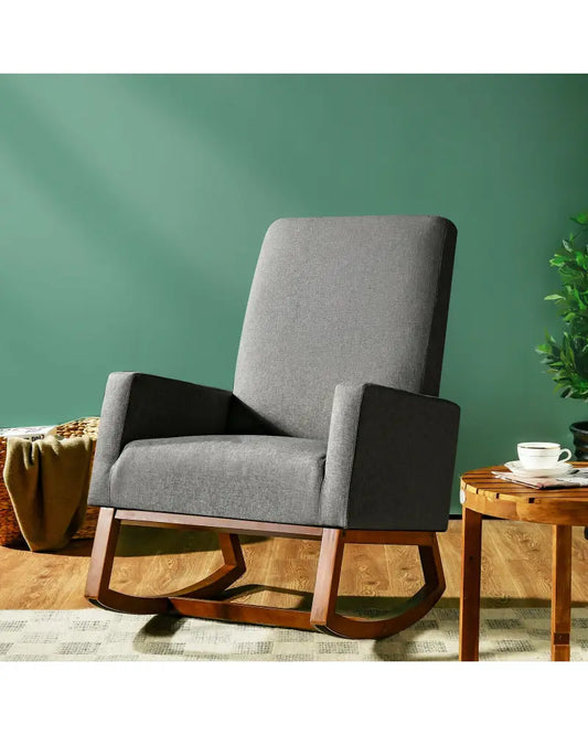 Rocking High Back Upholstered Lounge Armchair with Side Pocket-Gray - Gray - Accent Chairs