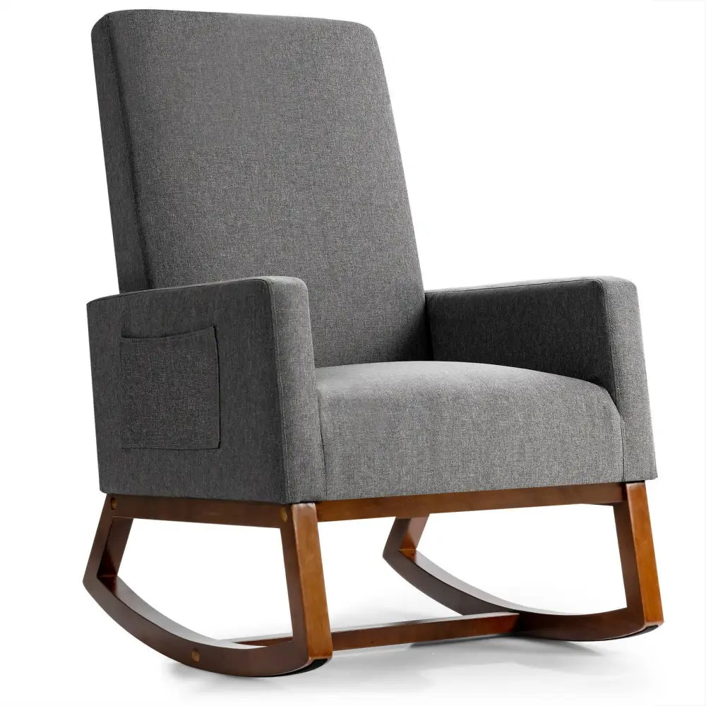 Rocking High Back Upholstered Lounge Armchair with Side Pocket-Gray - Gray - Accent Chairs