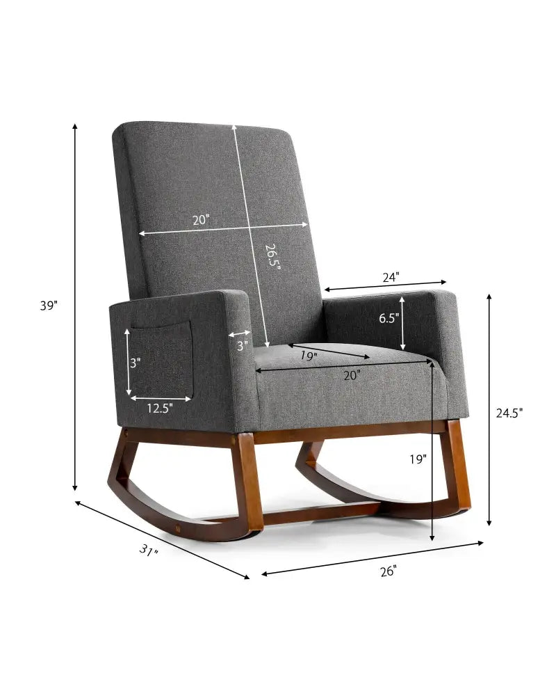 Rocking High Back Upholstered Lounge Armchair with Side Pocket-Gray - Gray - Accent Chairs