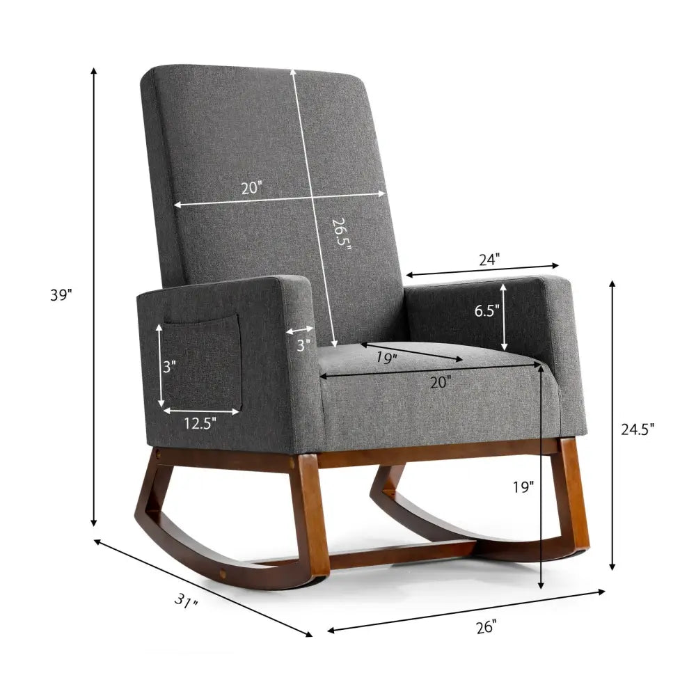 Rocking High Back Upholstered Lounge Armchair with Side Pocket-Gray - Gray - Accent Chairs