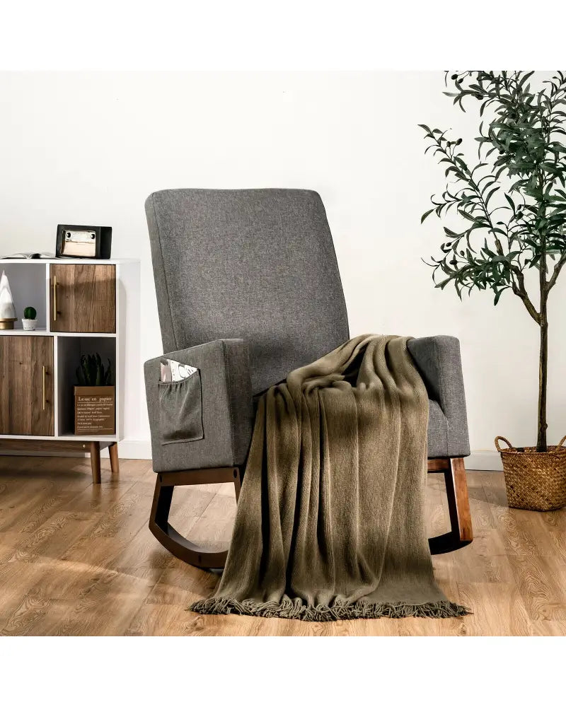 Rocking High Back Upholstered Lounge Armchair with Side Pocket-Gray - Gray - Accent Chairs
