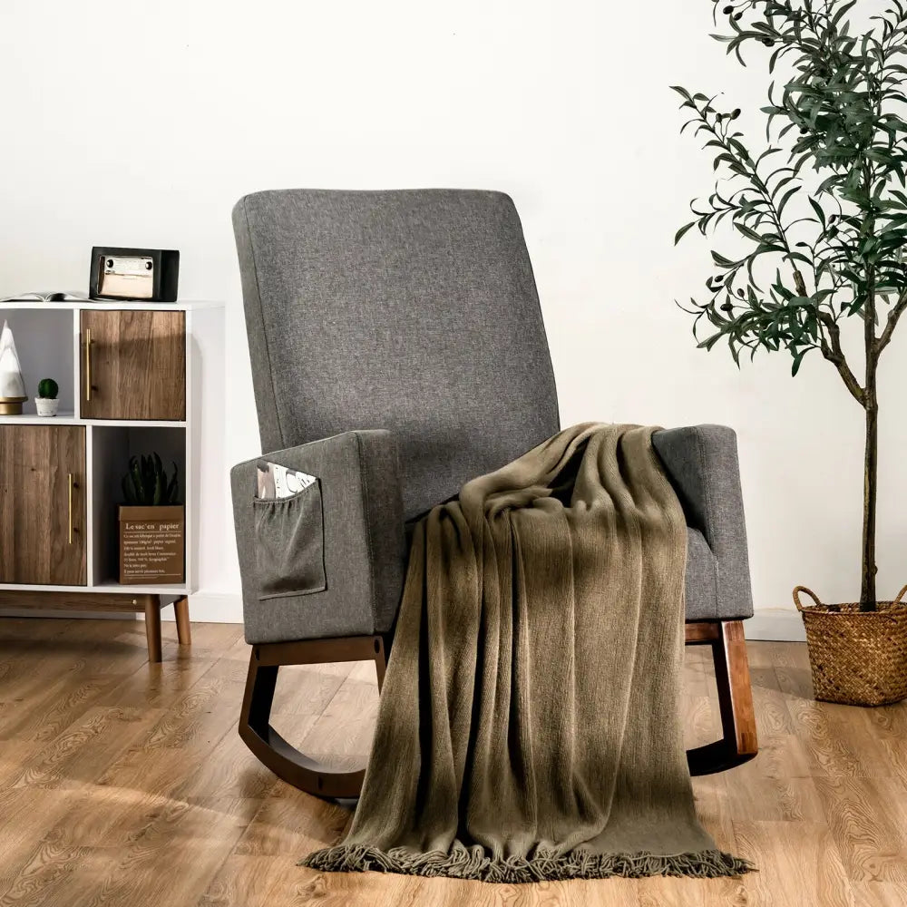 Rocking High Back Upholstered Lounge Armchair with Side Pocket-Gray - Gray - Accent Chairs