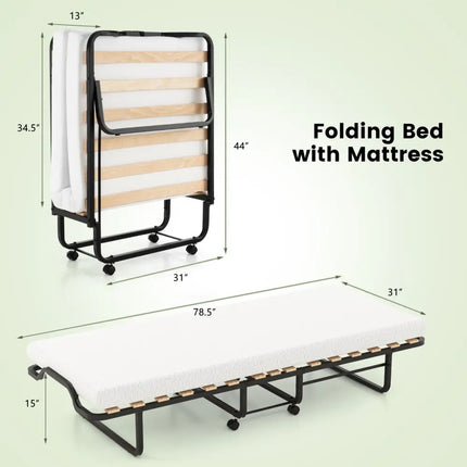 Rollaway Folding Bed with Memory Foam Mattress Made in Italy - Black - Folding Beds