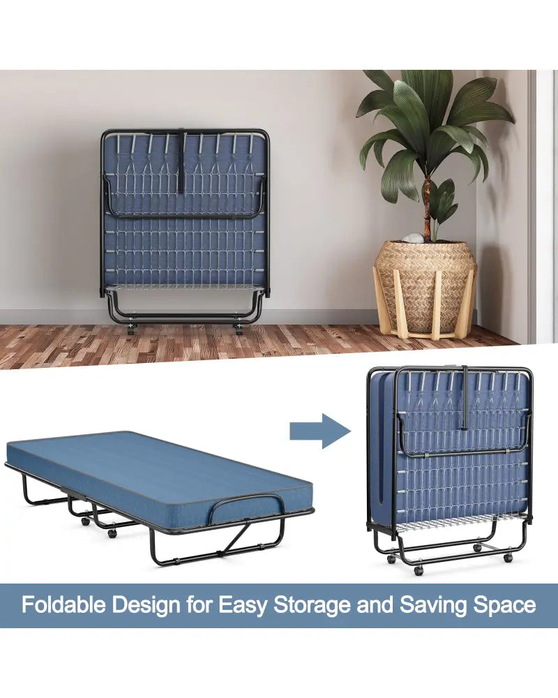 Rollaway Guest Bed with Sturdy Steel Frame and Memory Foam Mattress Made in Italy-Navy - Navy - Folding Beds