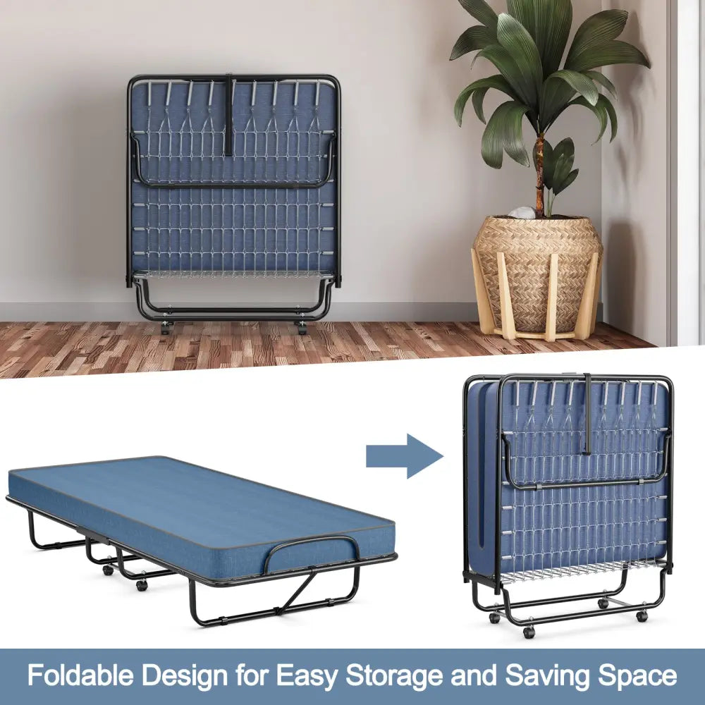 Rollaway Guest Bed with Sturdy Steel Frame and Memory Foam Mattress Made in Italy-Navy - Navy - Folding Beds