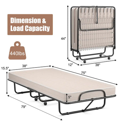 Rollaway Guest Bed with Sturdy Steel Frame and Memory Foam Mattress Made in Italy-Beige - Beige - Folding Beds