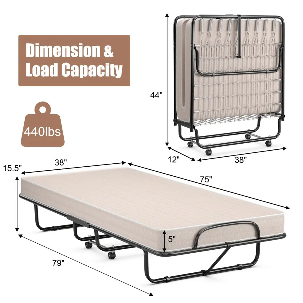 Rollaway Guest Bed with Sturdy Steel Frame and Memory Foam Mattress Made in Italy-Beige - Beige - Folding Beds