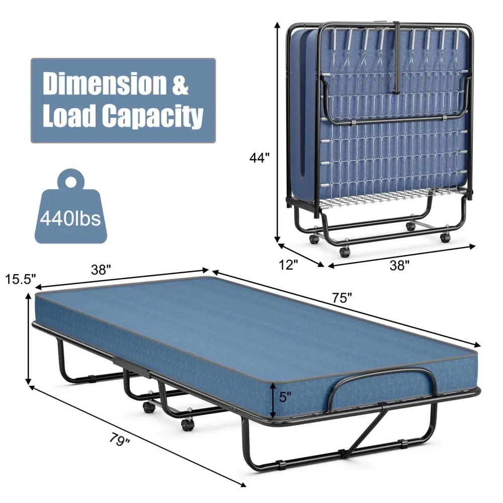 Rollaway Guest Bed with Sturdy Steel Frame and Memory Foam Mattress Made in Italy-Navy - Navy - Folding Beds