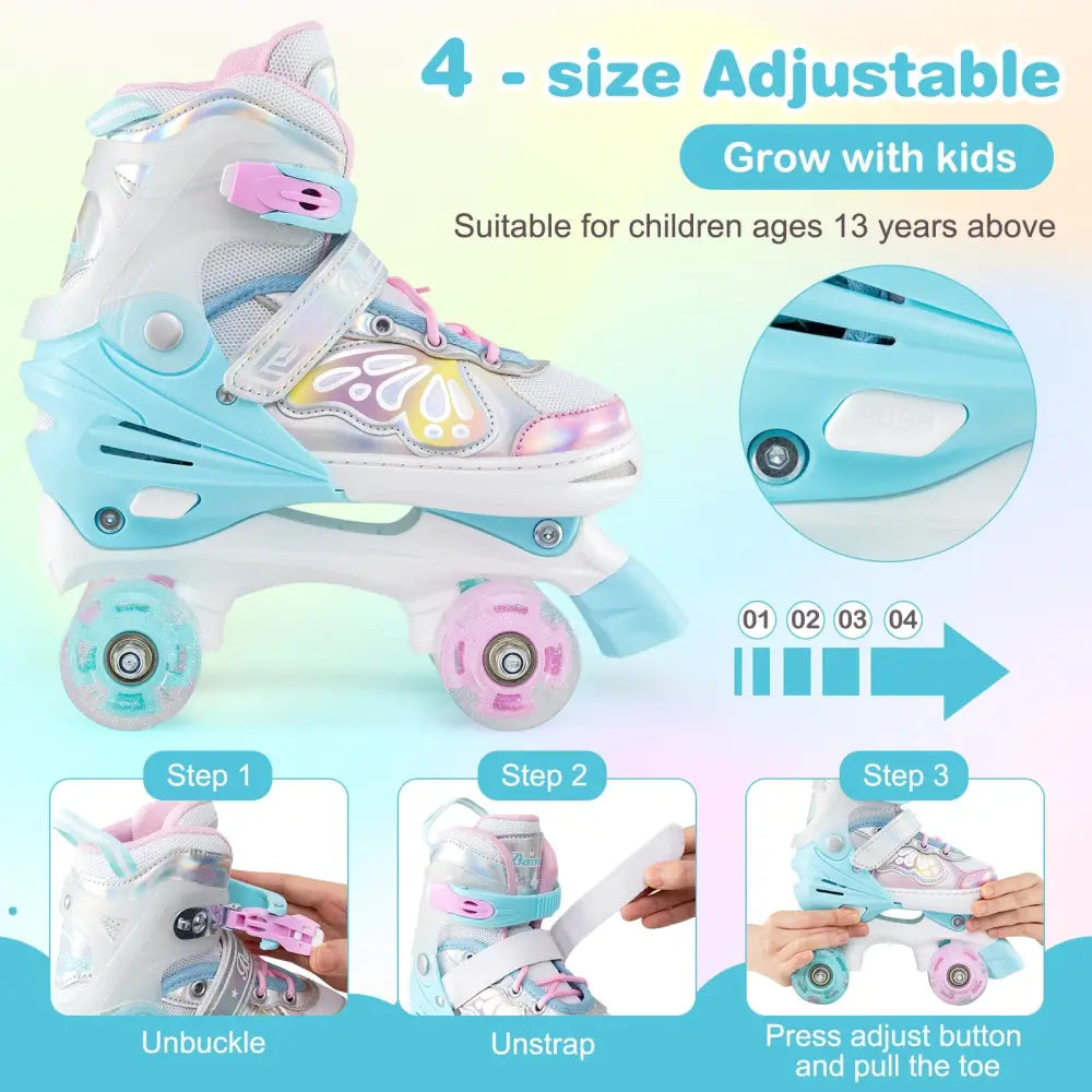 Roller Skates for Teens 4 Sizes Adjustable with Light-up Wheels for Boys Girls Ages 13+-Blue - Blue - Toy Sports