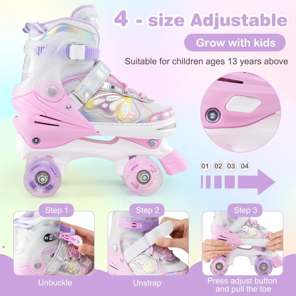Roller Skates for Teens 4 Sizes Adjustable with Light-up Wheels for Boys Girls Ages 13+-Light Pink - Light Pink - Toy