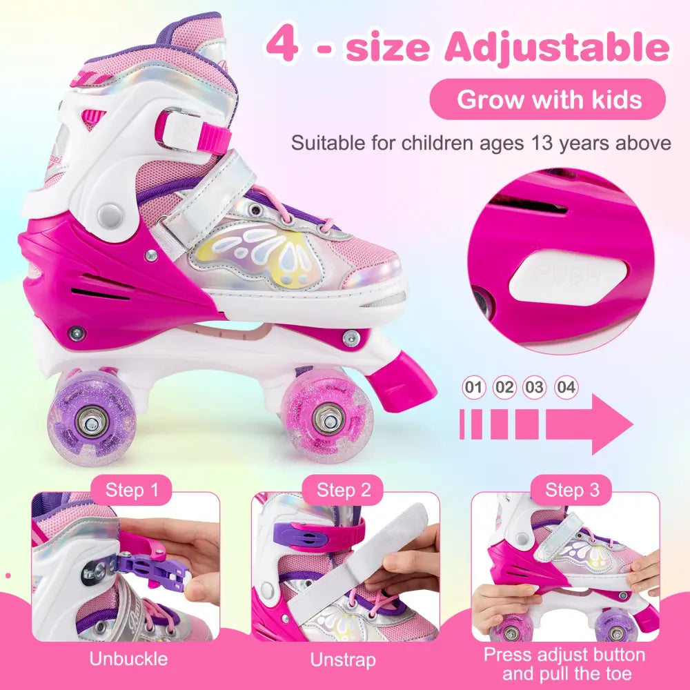 Roller Skates for Teens 4 Sizes Adjustable with Light-up Wheels for Boys Girls Ages 13+-Rose Red - Rose Red - Toy Sports