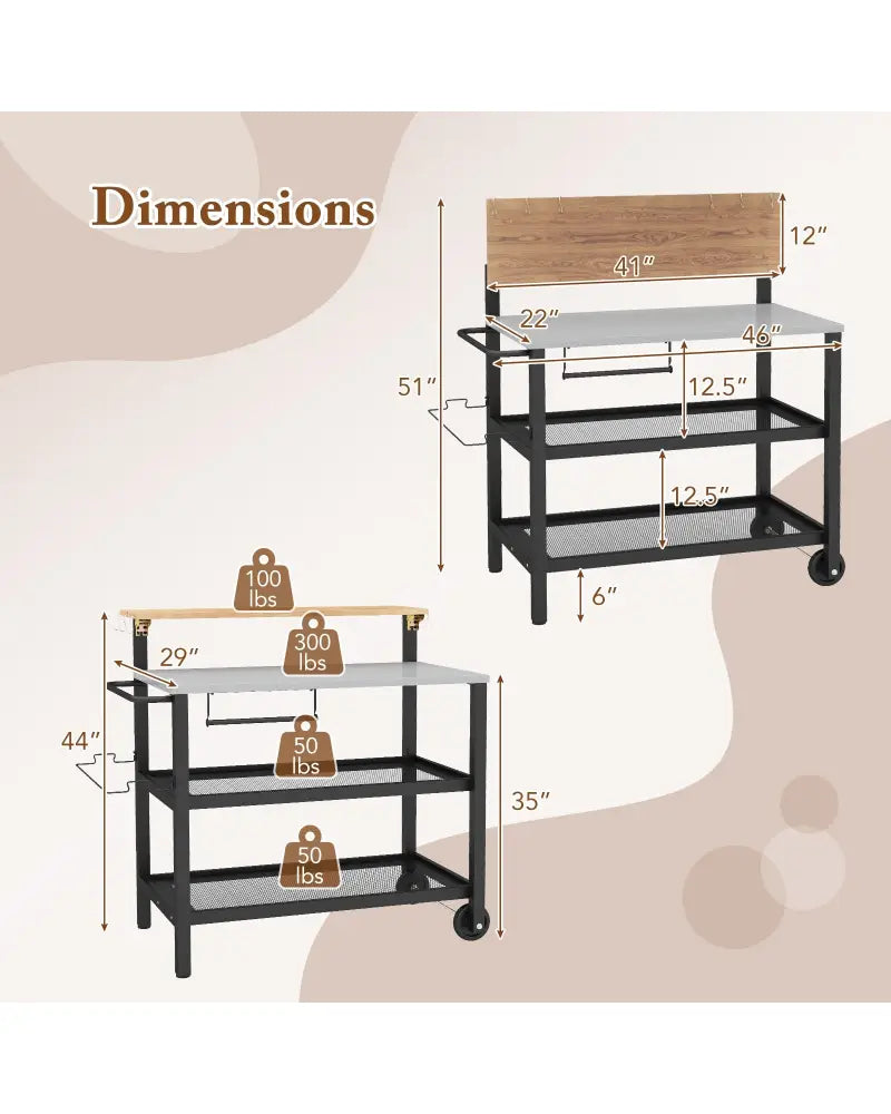 Rolling Bar Cart with Flip-up Table and Hooks for Kitchen - Black - Outdoor Grills