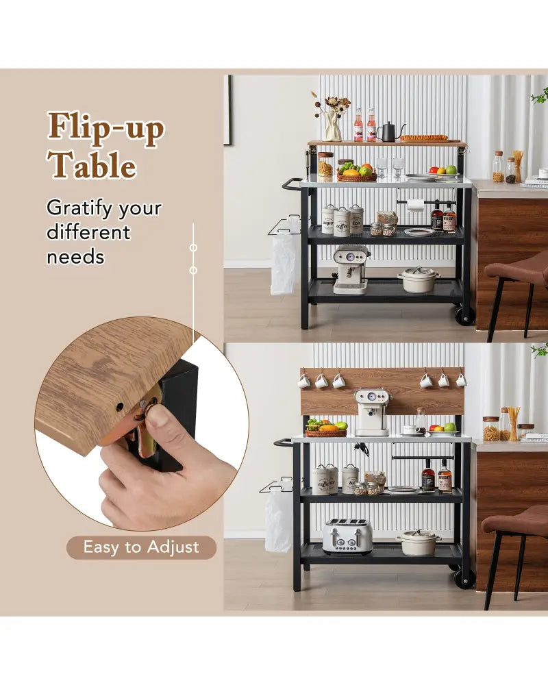 Rolling Bar Cart with Flip-up Table and Hooks for Kitchen - Black - Outdoor Grills