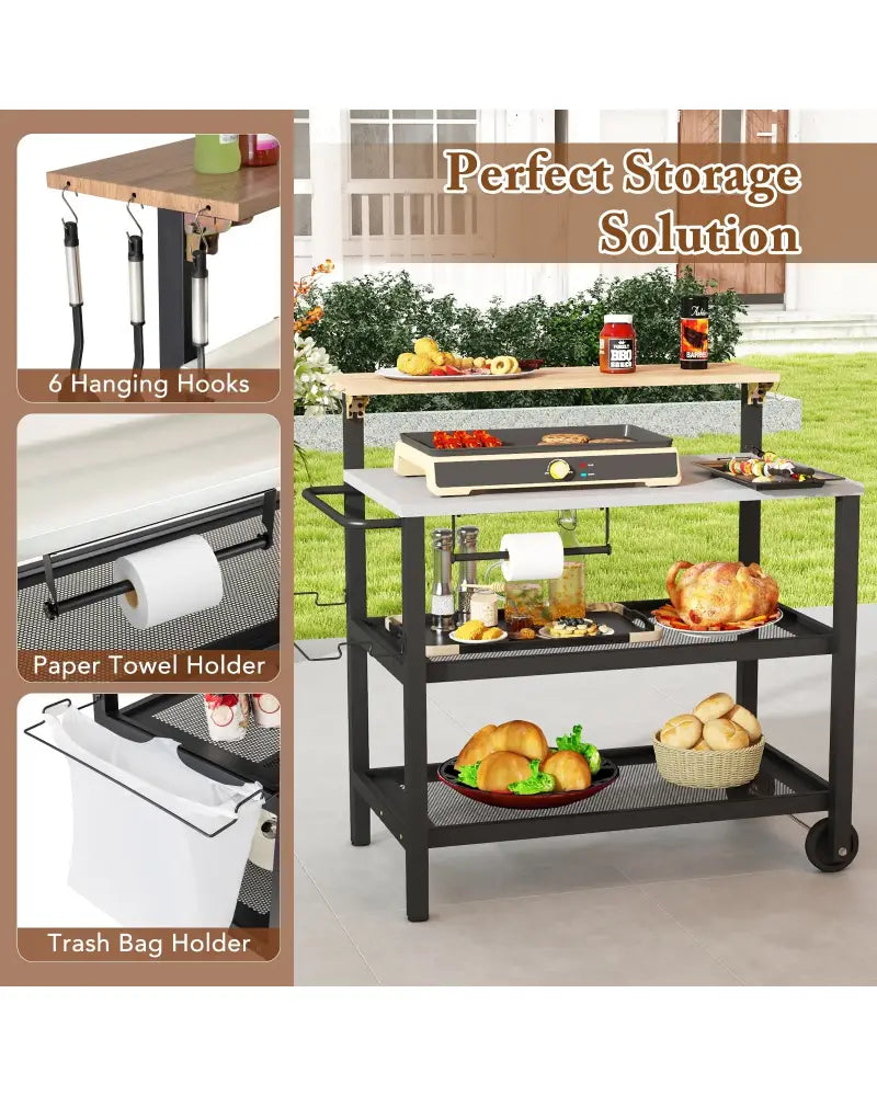Rolling Bar Cart with Flip-up Table and Hooks for Kitchen - Black - Outdoor Grills