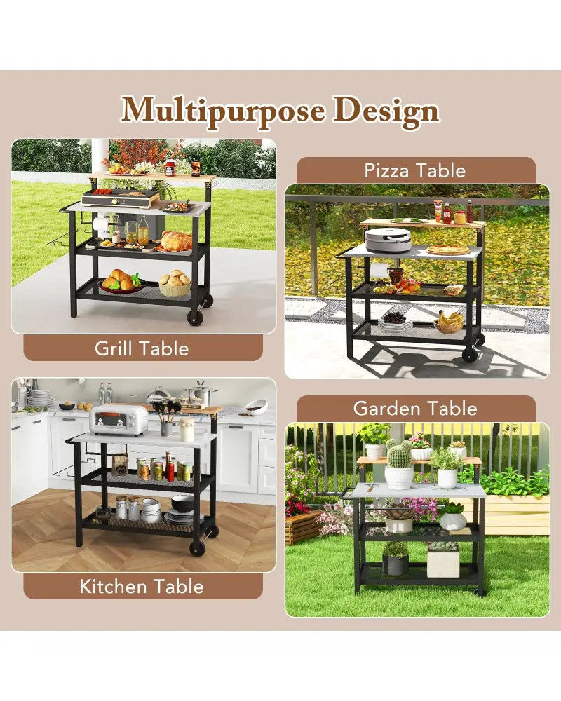 Rolling Bar Cart with Flip-up Table and Hooks for Kitchen - Black - Outdoor Grills