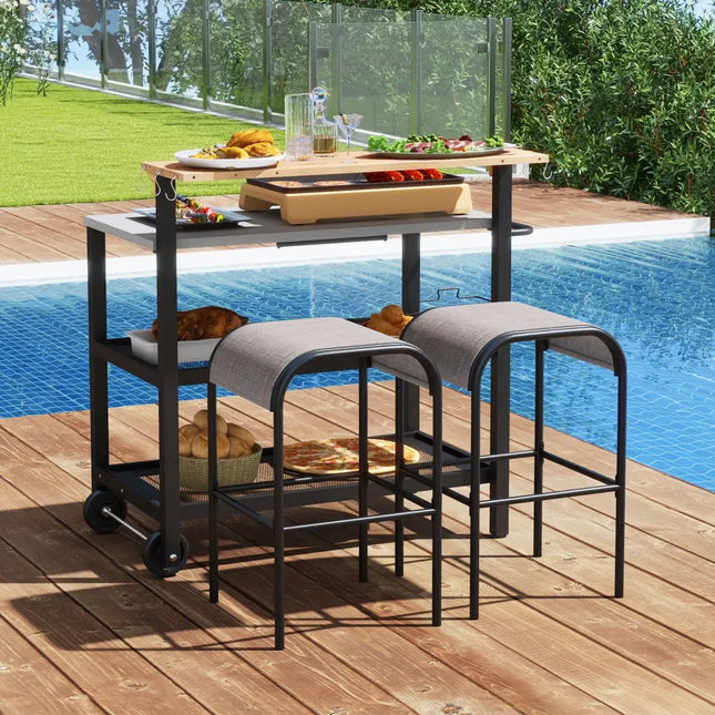 Rolling Bar Cart with Flip-up Table and Hooks for Kitchen - Black - Outdoor Grills
