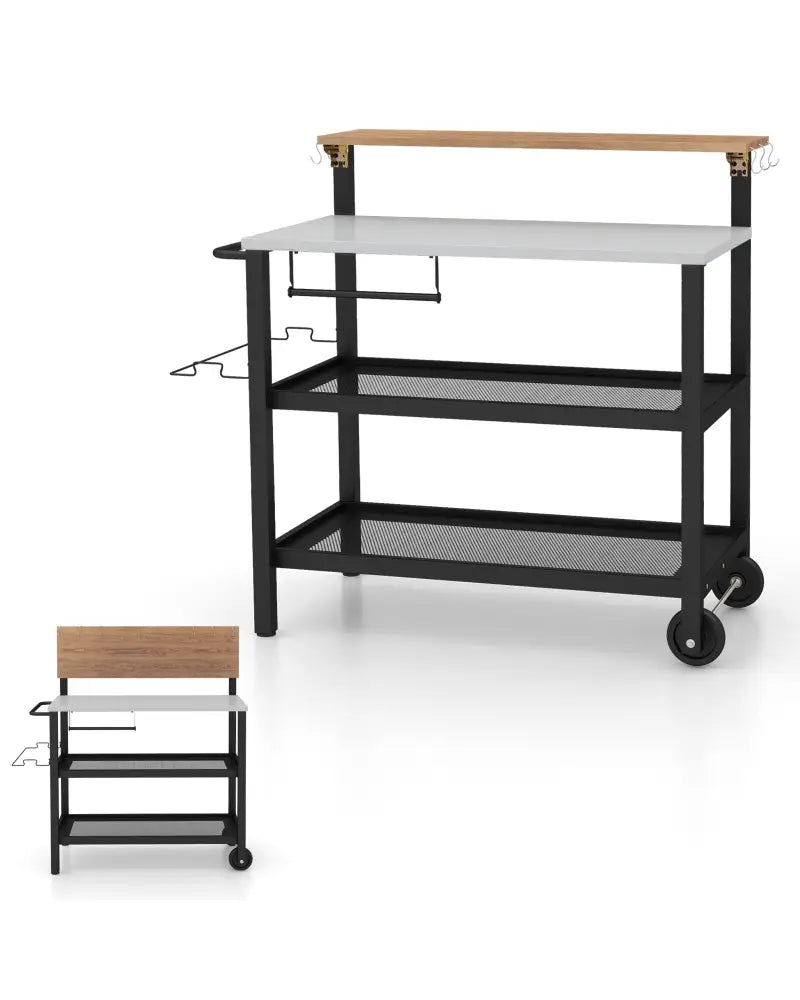 Rolling Bar Cart with Flip-up Table and Hooks for Kitchen - Black - Outdoor Grills