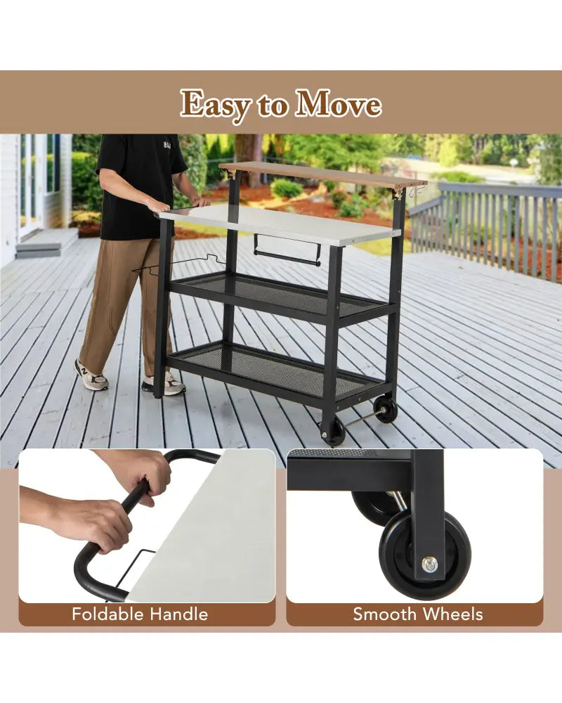 Rolling Bar Cart with Flip-up Table and Hooks for Kitchen - Black - Outdoor Grills