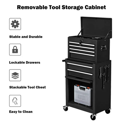 Rolling Cabinet Storage Chest Box Garage Toolbox-Black - Black - Garages