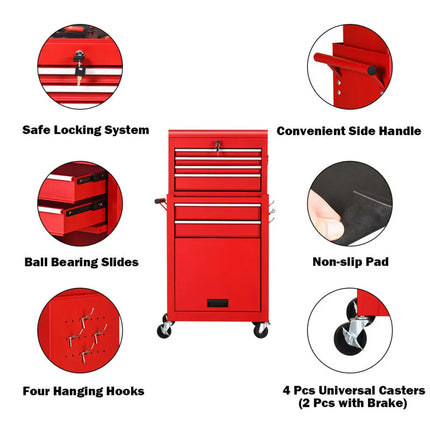 Rolling Cabinet Storage Chest Box Garage Toolbox Organizer-Red - Red - Garages
