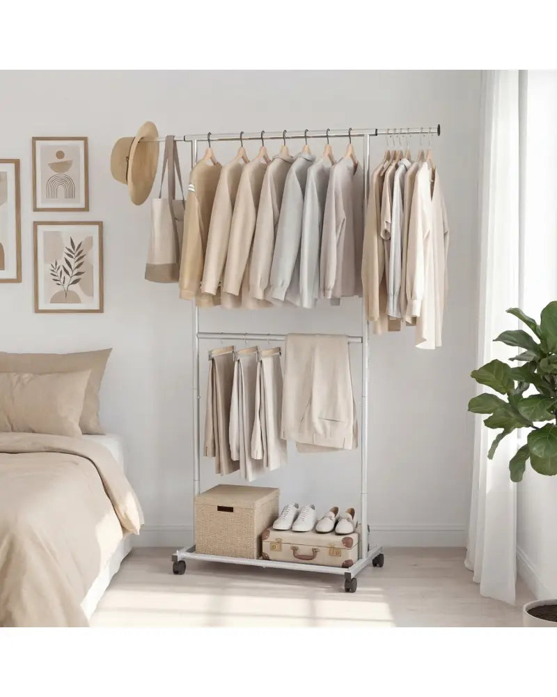 Rolling Clothes Rack Double-Rod Extendable Garment Stand for Hanging Clothes - Clothing & Closet Storage