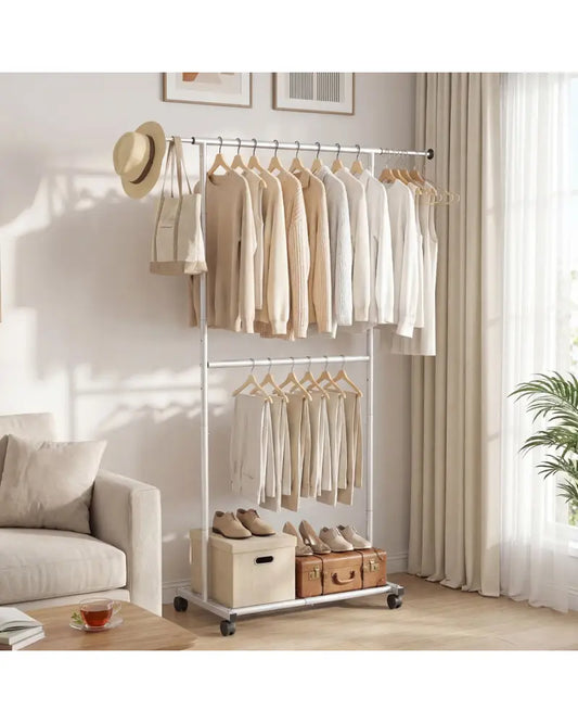 Rolling Clothes Rack Double-Rod Extendable Garment Stand for Hanging Clothes - Clothing & Closet Storage