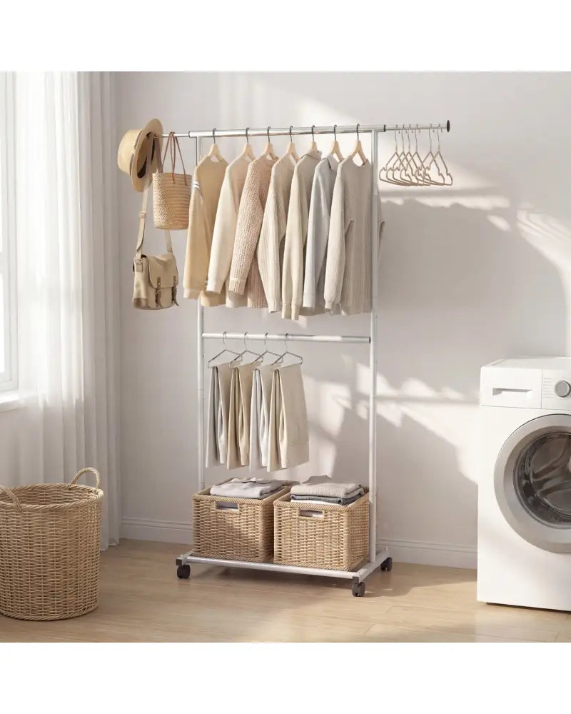 Rolling Clothes Rack Double-Rod Extendable Garment Stand for Hanging Clothes - Clothing & Closet Storage