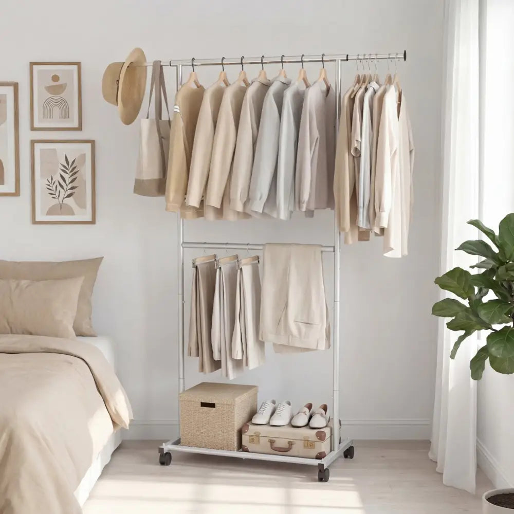 Rolling Clothes Rack Double-Rod Extendable Garment Stand for Hanging Clothes - Clothing & Closet Storage