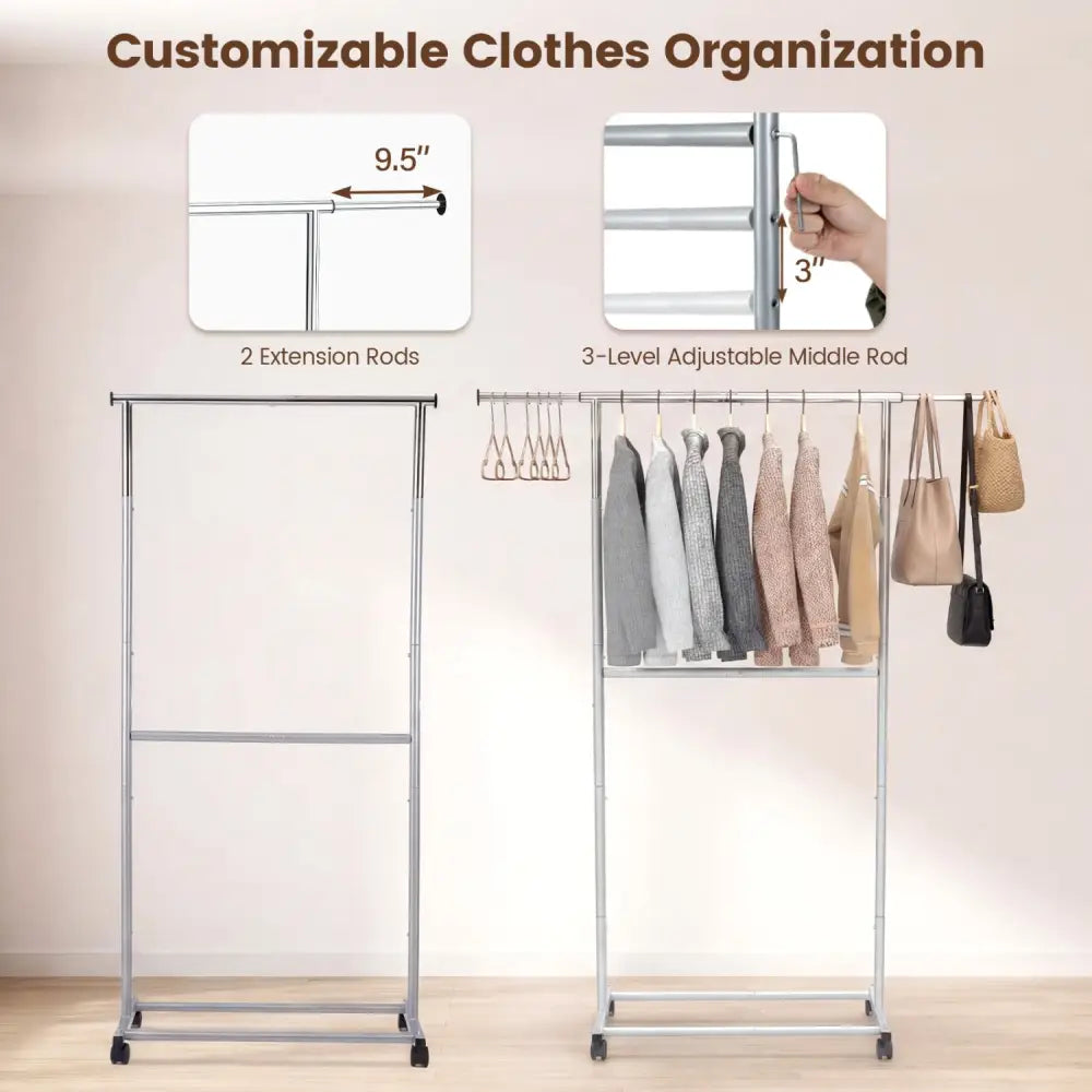 Rolling Clothes Rack Double-Rod Extendable Garment Stand for Hanging Clothes - Clothing & Closet Storage