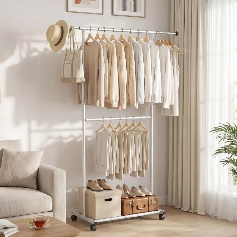 Rolling Clothes Rack Double-Rod Extendable Garment Stand for Hanging Clothes - Clothing & Closet Storage