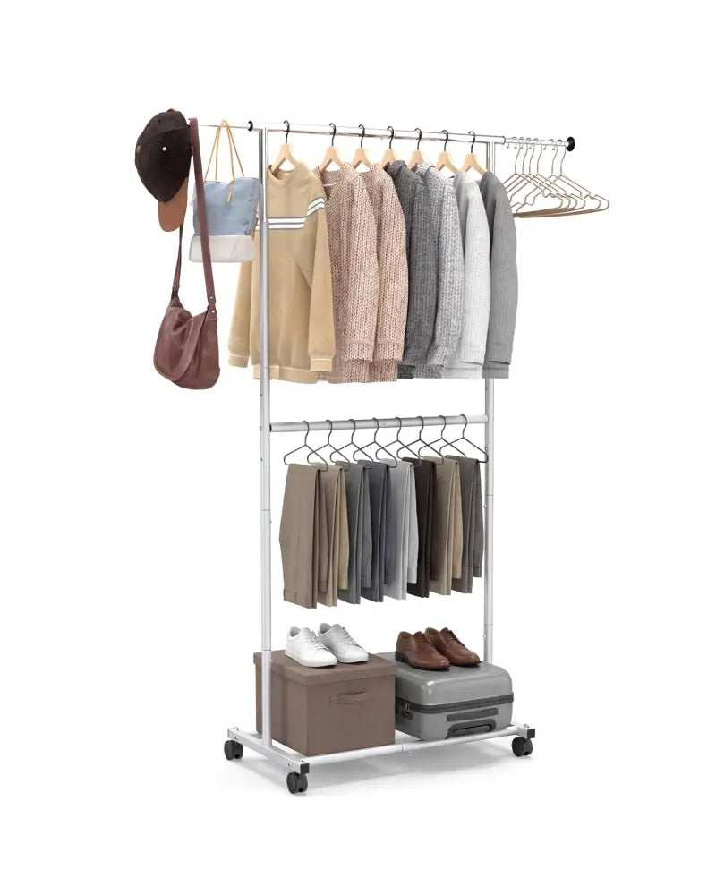 Rolling Clothes Rack Double-Rod Extendable Garment Stand for Hanging Clothes - Clothing & Closet Storage