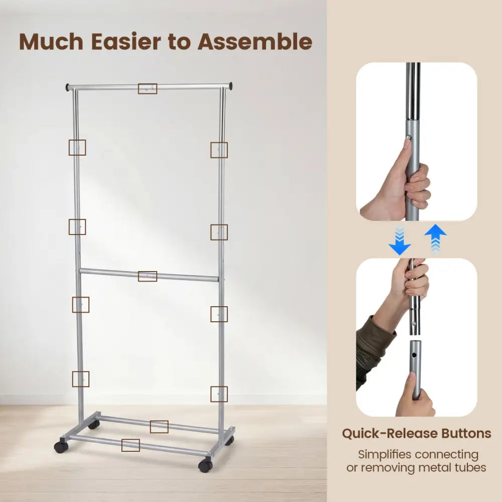 Rolling Clothes Rack Double-Rod Extendable Garment Stand for Hanging Clothes - Clothing & Closet Storage
