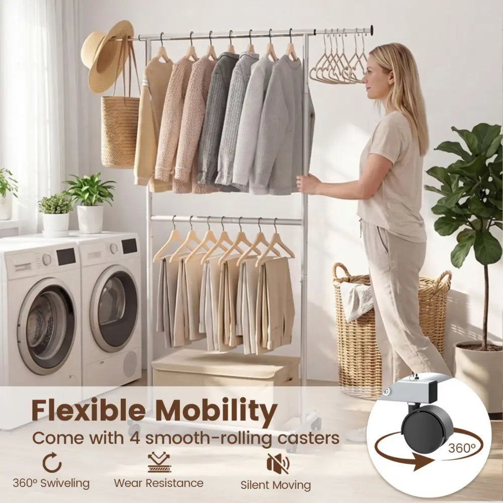 Rolling Clothes Rack Double-Rod Extendable Garment Stand for Hanging Clothes - Clothing & Closet Storage