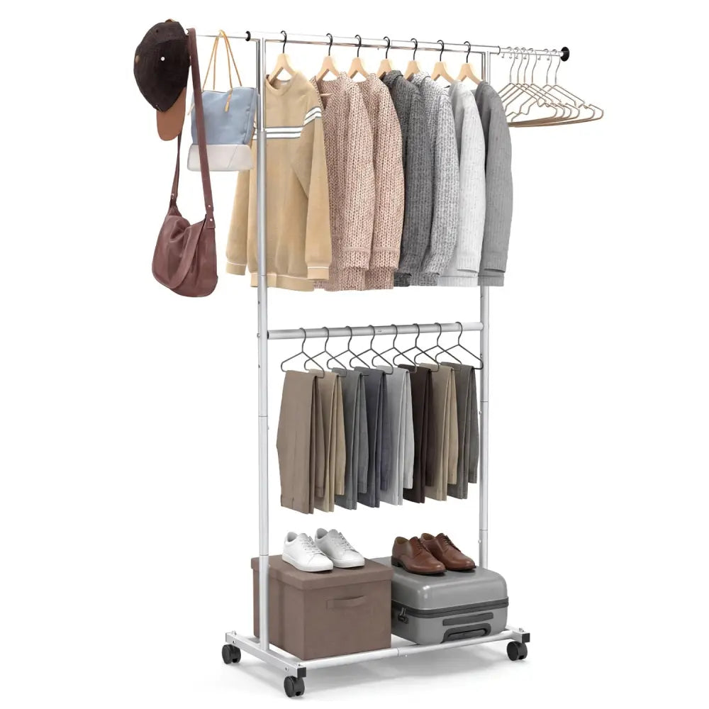 Rolling Clothes Rack Double-Rod Extendable Garment Stand for Hanging Clothes - Clothing & Closet Storage