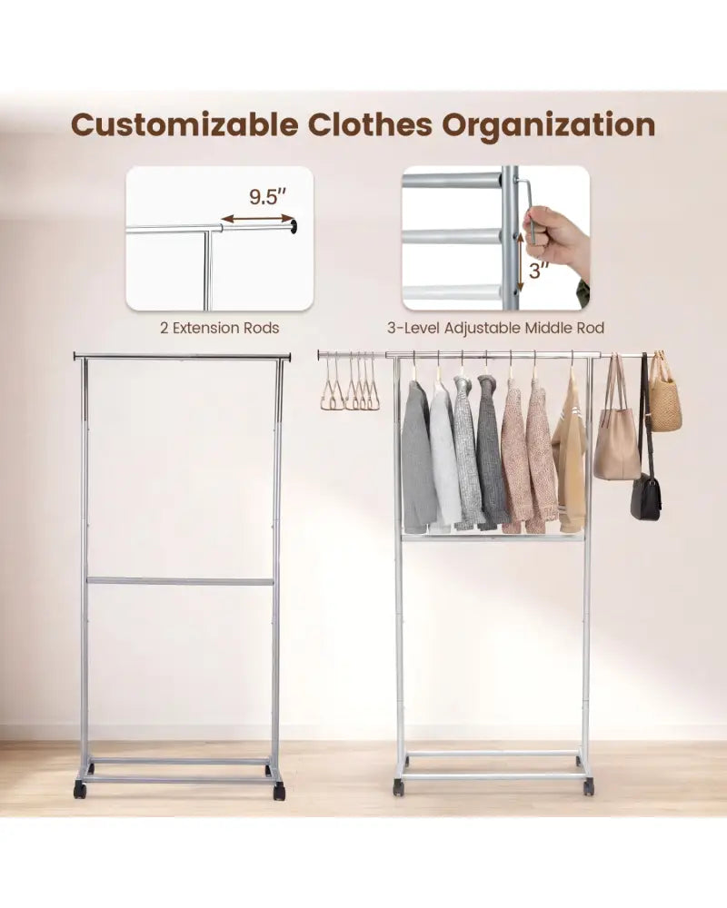 Rolling Clothes Rack Double-Rod Extendable Garment Stand for Hanging Clothes - Clothing & Closet Storage