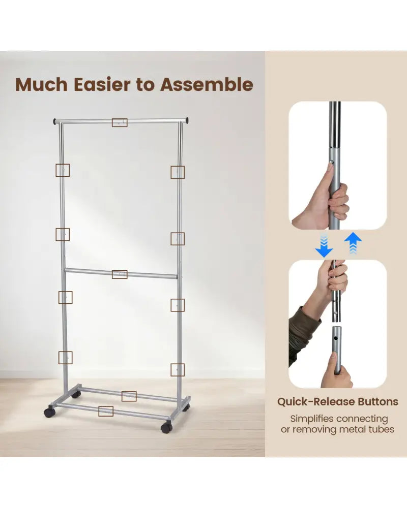 Rolling Clothes Rack Double-Rod Extendable Garment Stand for Hanging Clothes - Clothing & Closet Storage