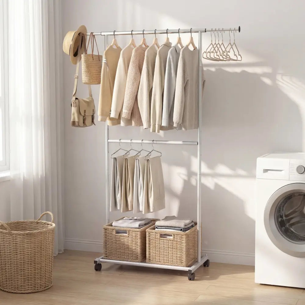 Rolling Clothes Rack Double-Rod Extendable Garment Stand for Hanging Clothes - Clothing & Closet Storage