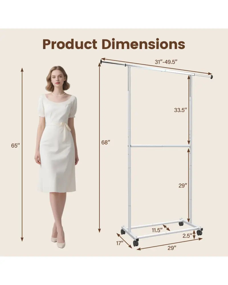 Rolling Clothes Rack Double-Rod Extendable Garment Stand for Hanging Clothes - Clothing & Closet Storage
