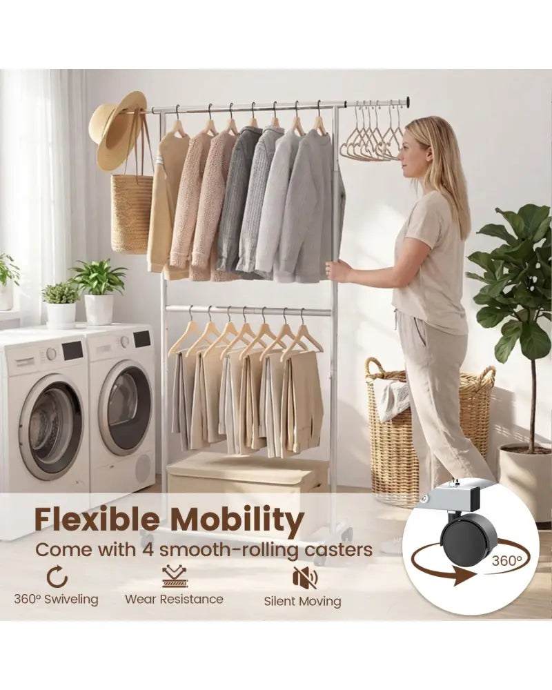 Rolling Clothes Rack Double-Rod Extendable Garment Stand for Hanging Clothes - Clothing & Closet Storage