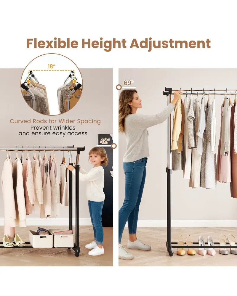 Rolling Clothes Rack Double Rod Garment Rack with Adjustable Height - Clothing & Closet Storage