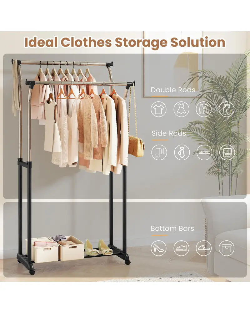 Rolling Clothes Rack Double Rod Garment Rack with Adjustable Height - Clothing & Closet Storage