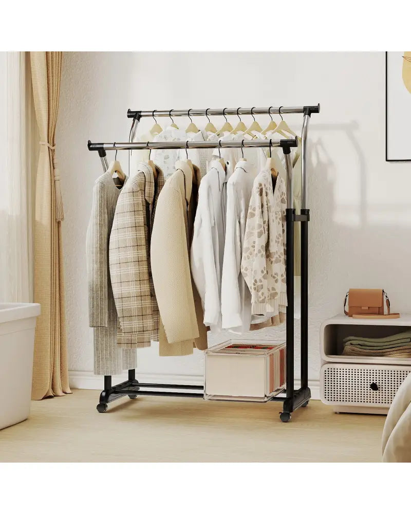 Rolling Clothes Rack Double Rod Garment Rack with Adjustable Height - Clothing & Closet Storage