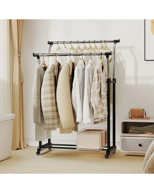 Rolling Clothes Rack Double Rod Garment Rack with Adjustable Height - Clothing & Closet Storage